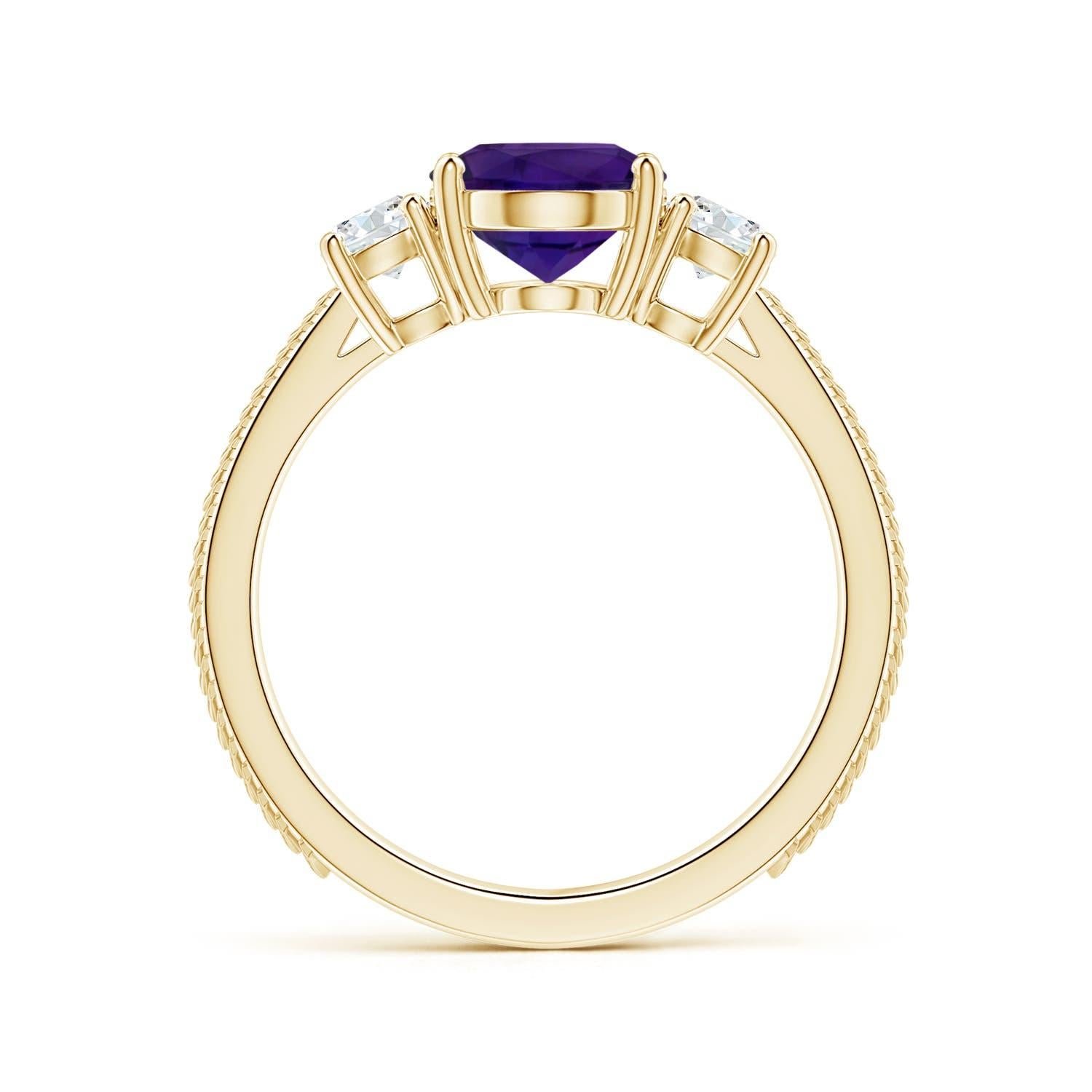 Three Stone GIA Certified Natural Amethyst Feather Ring in 18K Yellow Gold 2