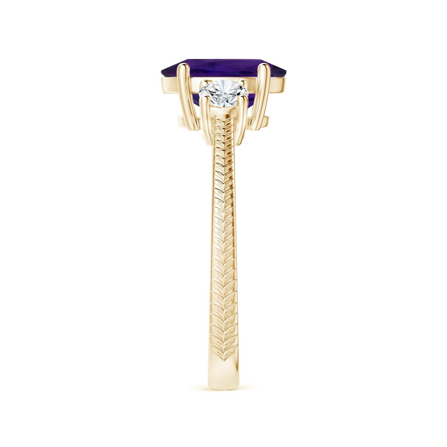 Three Stone GIA Certified Natural Amethyst Feather Ring in 14kYellow Gold 4