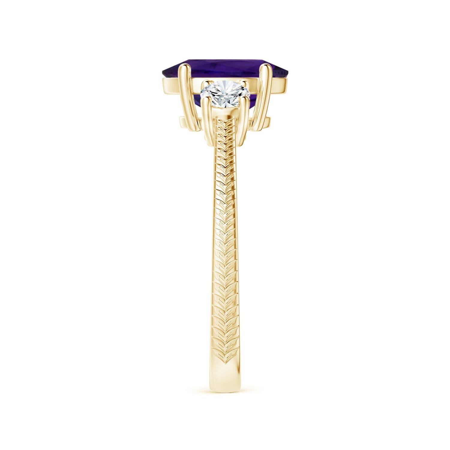 Three Stone GIA Certified Natural Amethyst Feather Ring in 18K Yellow Gold 4