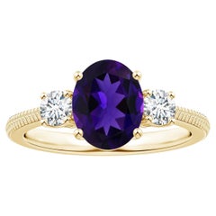 Three Stone GIA Certified Natural Amethyst Feather Ring in 18K Yellow Gold