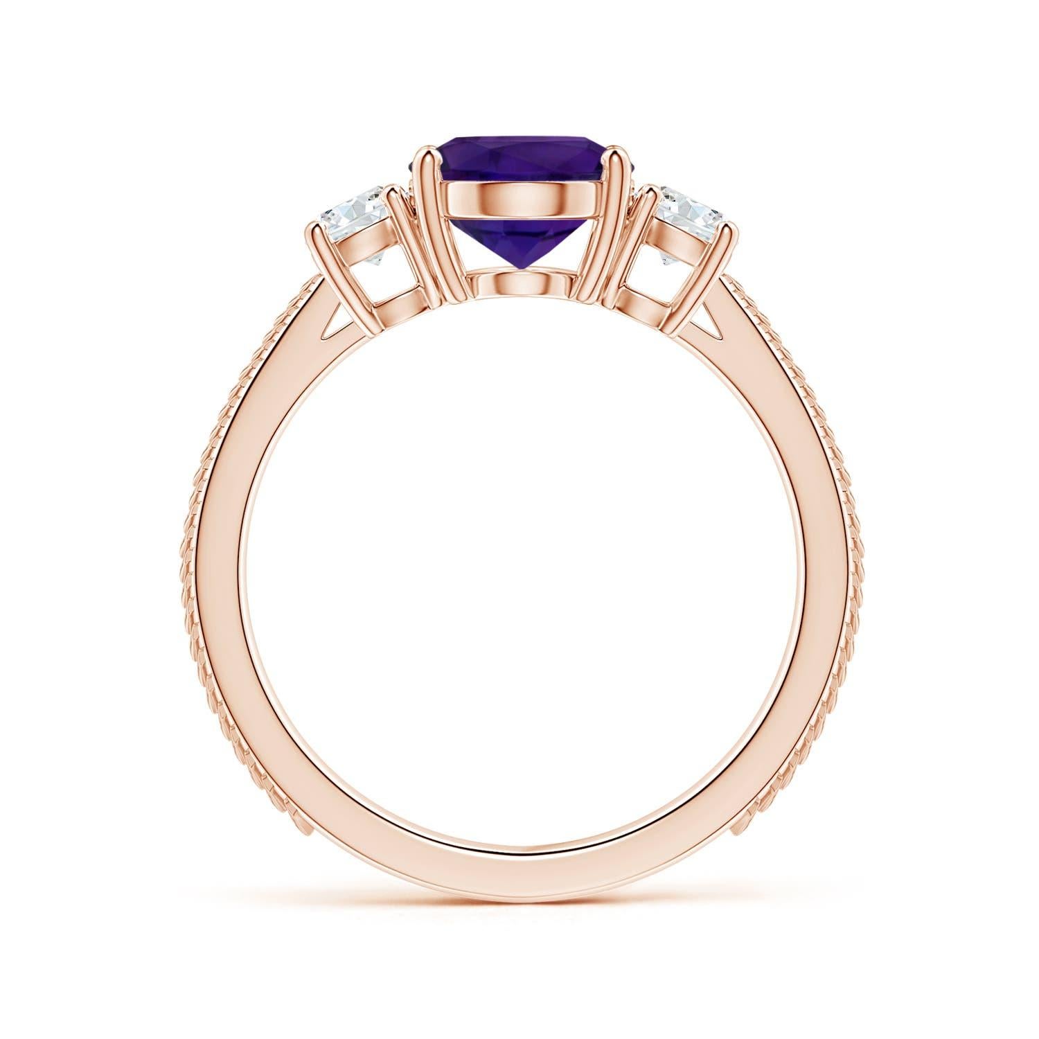 Anillo de plumas de amatista ovalada natural certificada por el GIA de tres piedras en oro rosa de 14 quilates  2