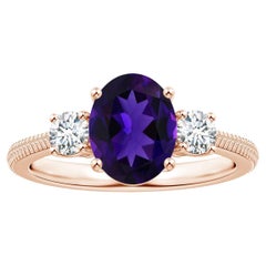 Anillo de plumas de amatista ovalada natural certificada por el GIA de tres piedras en oro rosa de 14 quilates