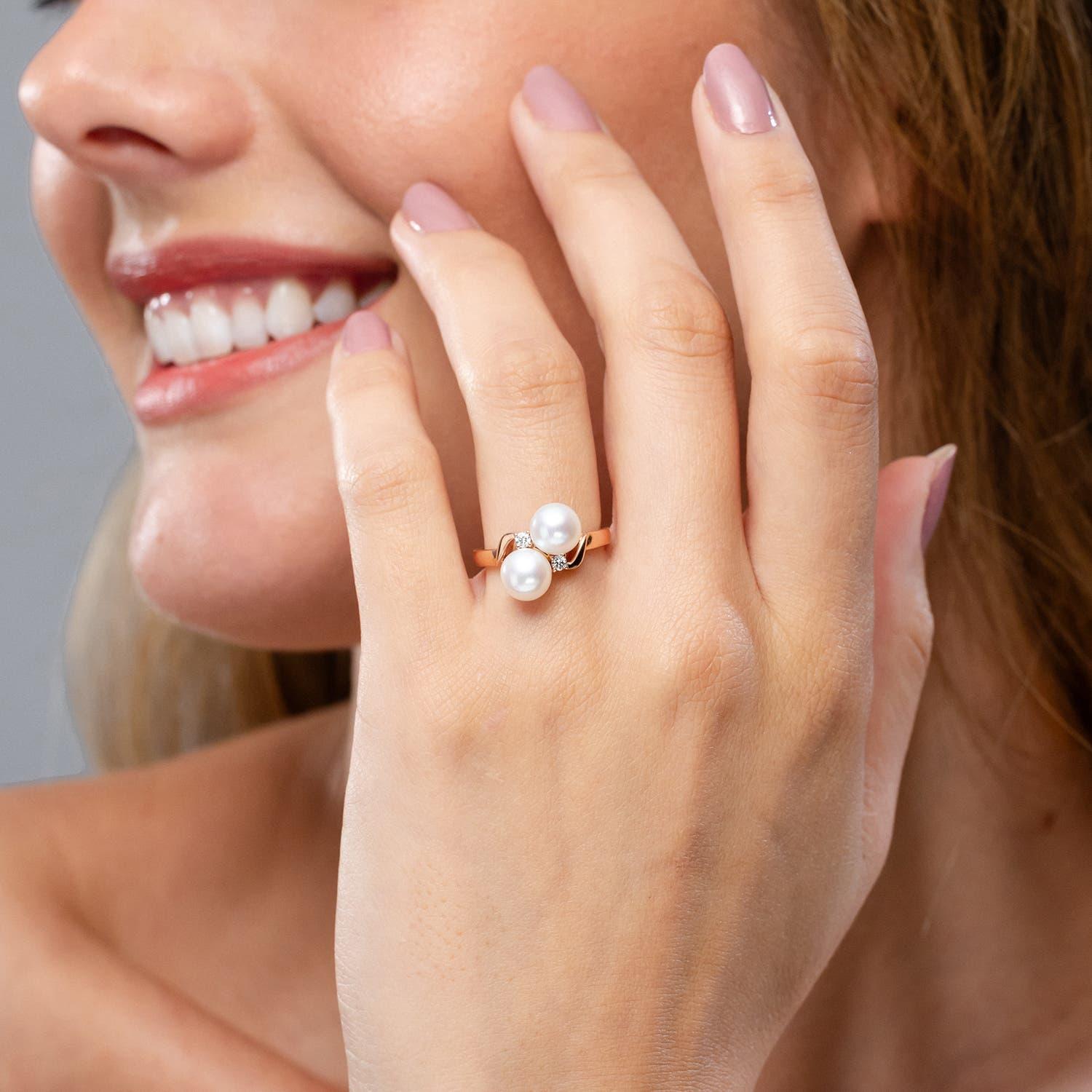 Moderne Angara Bague de perles de culture d'eau douce à deux pierres avec diamant en or massif 14K en vente