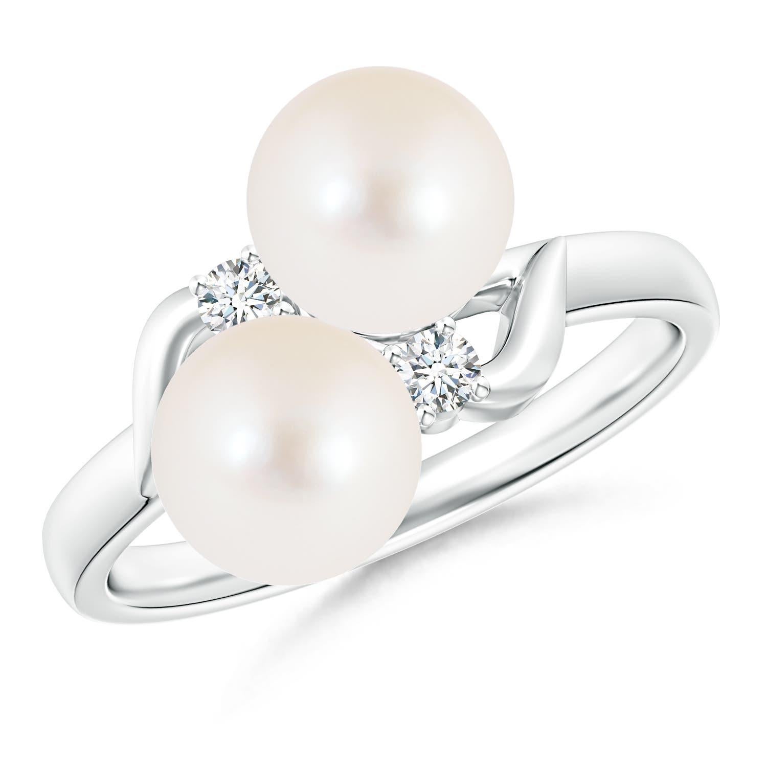 Angara Bague de perles de culture d'eau douce à deux pierres avec diamant en or massif 14K Pour femmes en vente