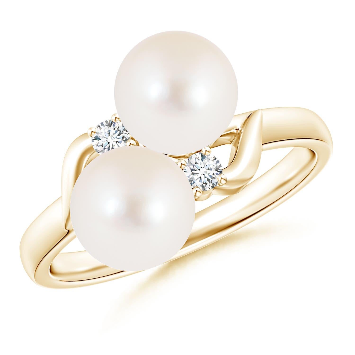 Angara Bague de perles de culture d'eau douce à deux pierres avec diamant en or massif 14K en vente 1