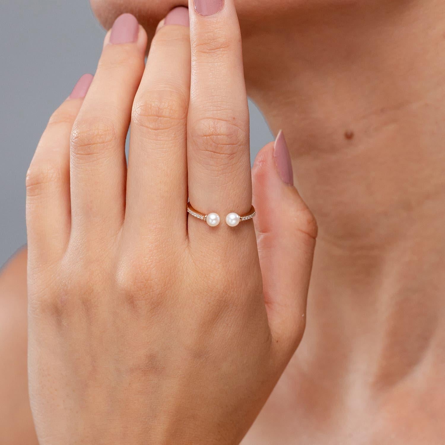 Round Cut Angara Two Stone Japanese Akoya Cultured Pearl Open Stackable Ring in 14K Gold For Sale
