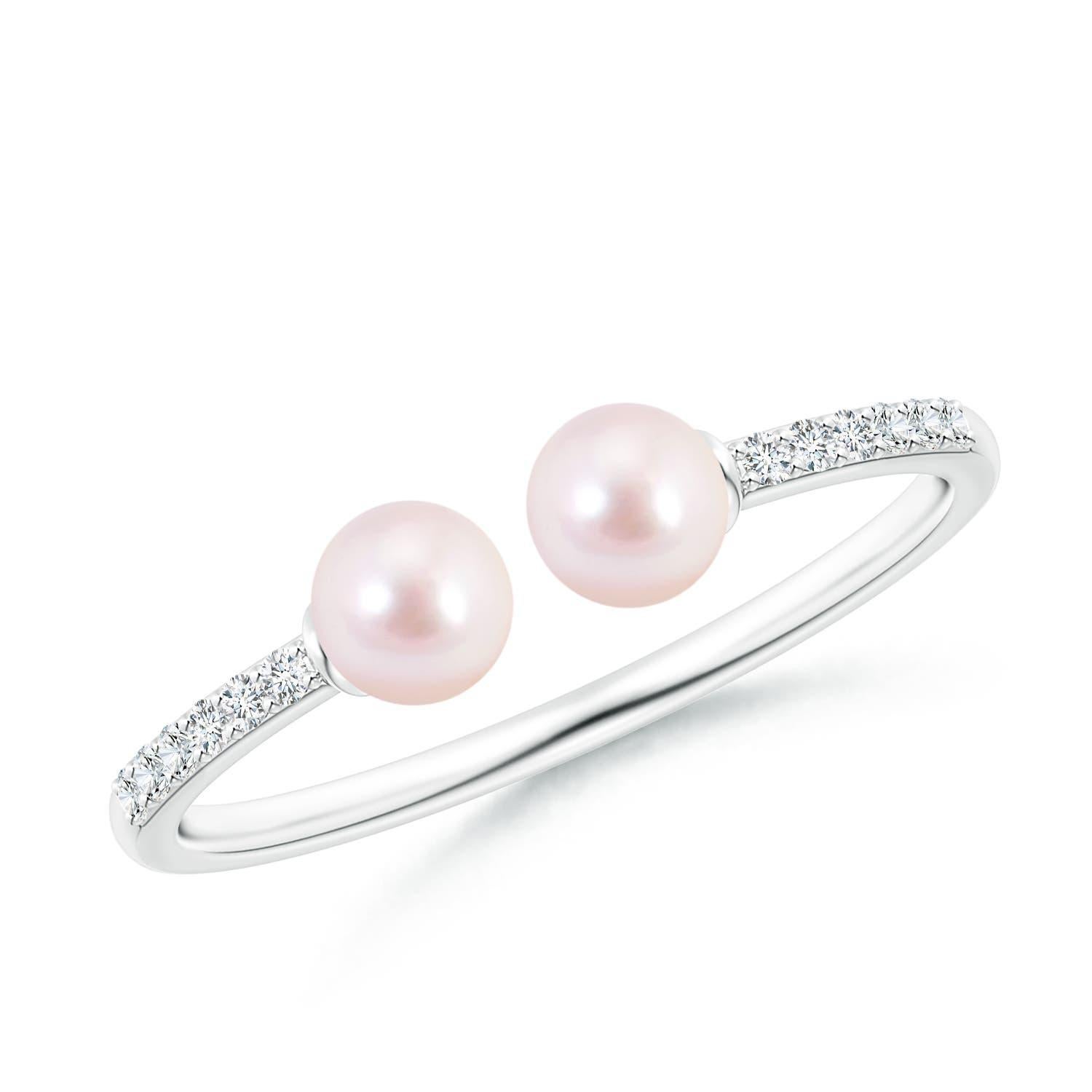 Angara Two Stone Japanese Akoya Cultured Pearl Open Stackable Ring in 14K Gold For Sale 2