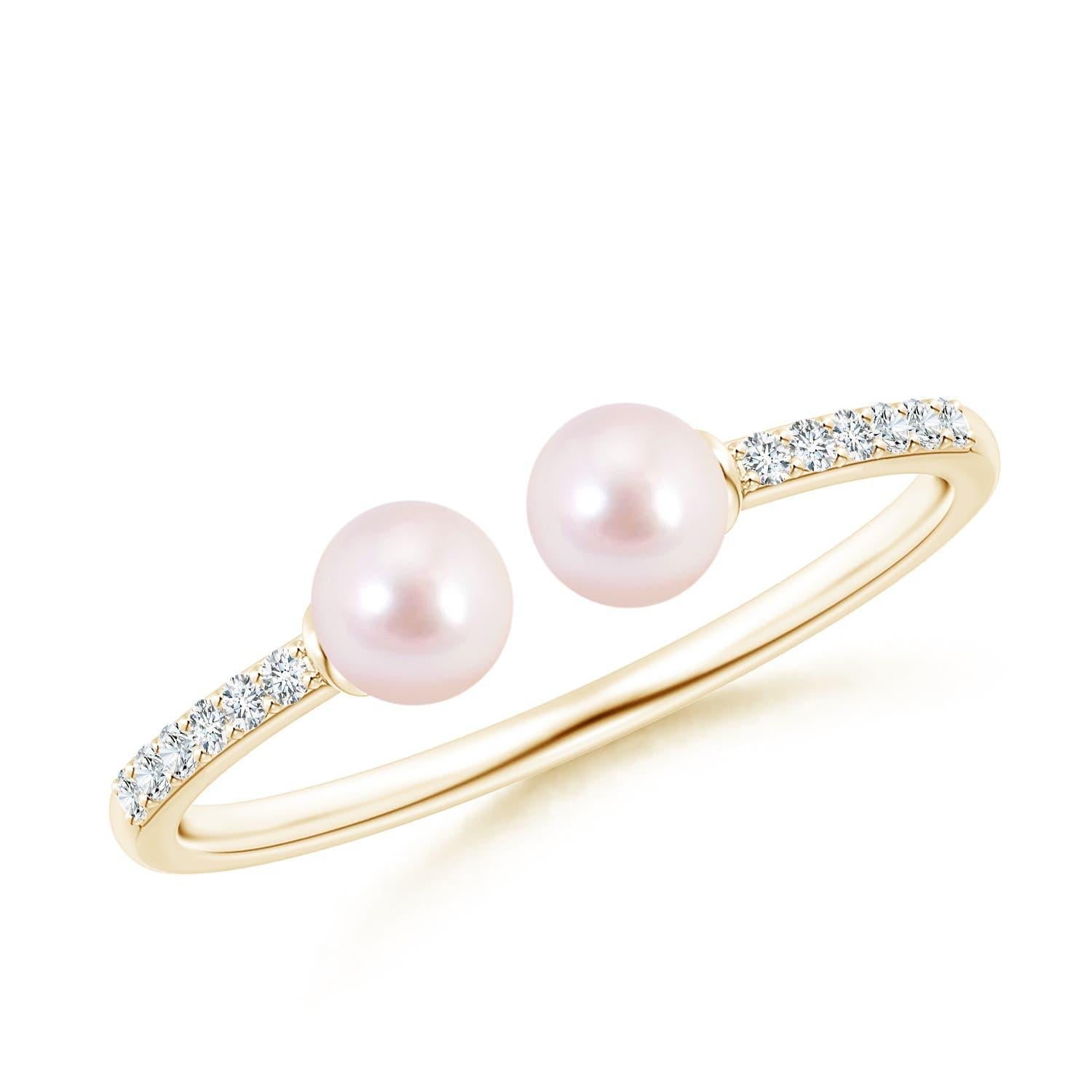 Angara Two Stone Japanese Akoya Cultured Pearl Open Stackable Ring in 14K Gold For Sale 3