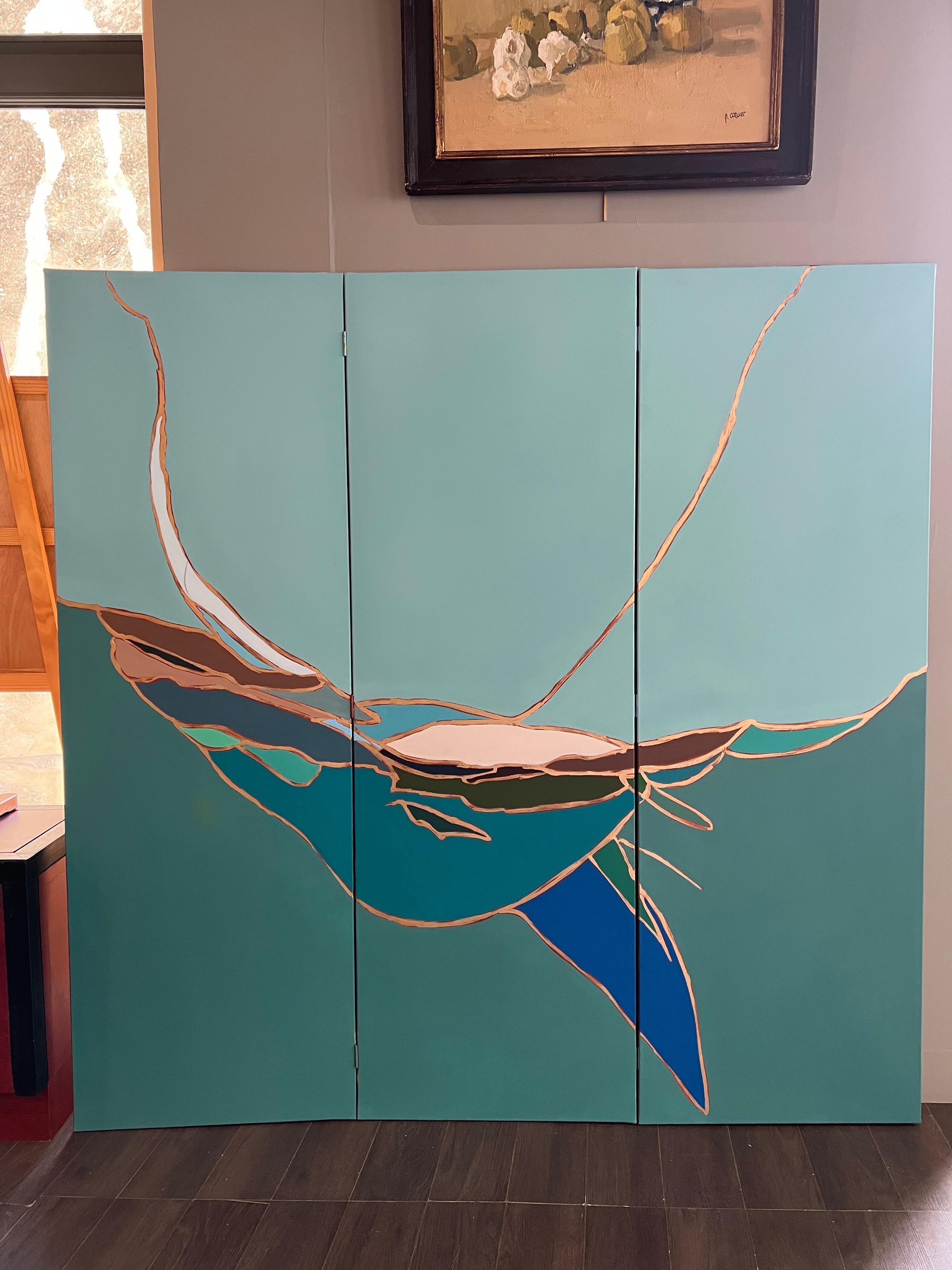 La balena, paravento contemporaneo a 3 ante, pittura a olio su tela di Ange Debroise 1