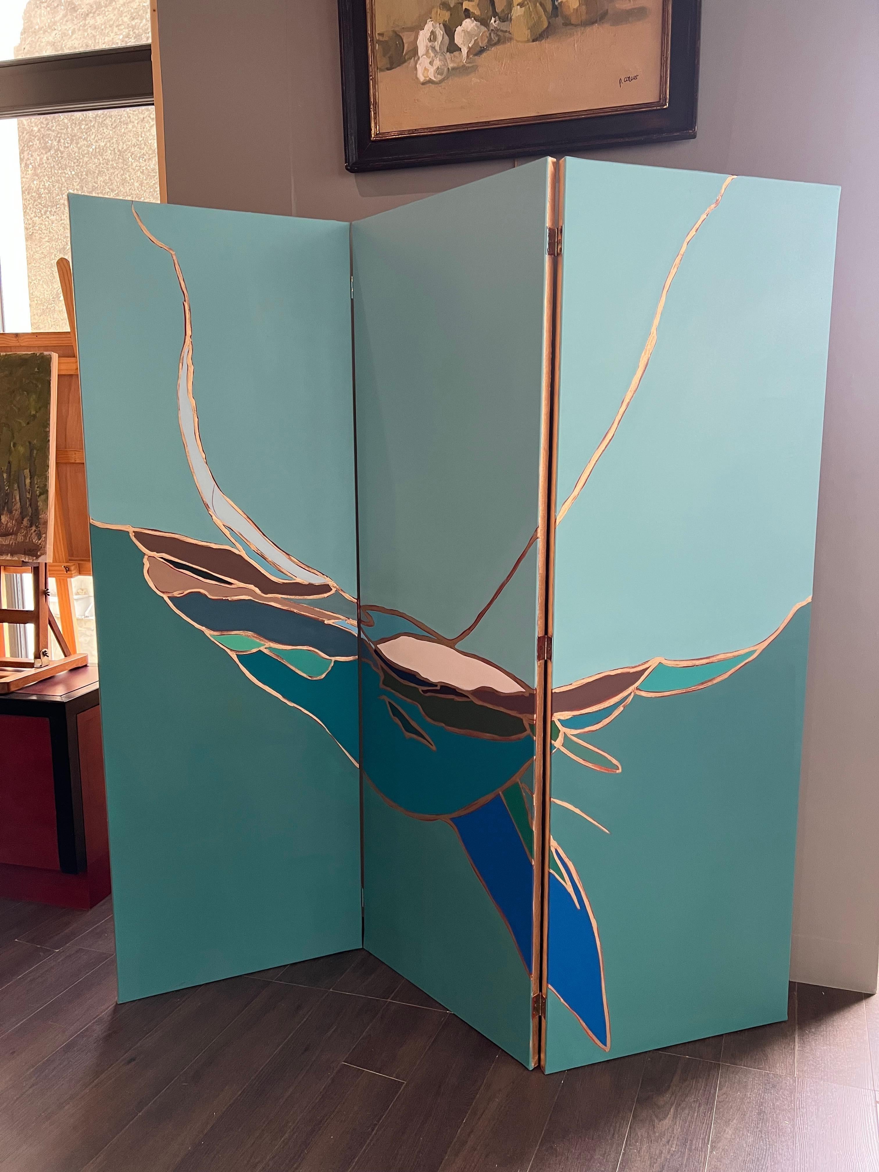 The Whale
Contemporary 3 leaves screen 50cm width (each) and 150 cm height
Oil and gold paint on canvas 
The screen stands upright and can also be hung like a painting, in a triptych. It can also be separated and framed in a floated oak frame. (see