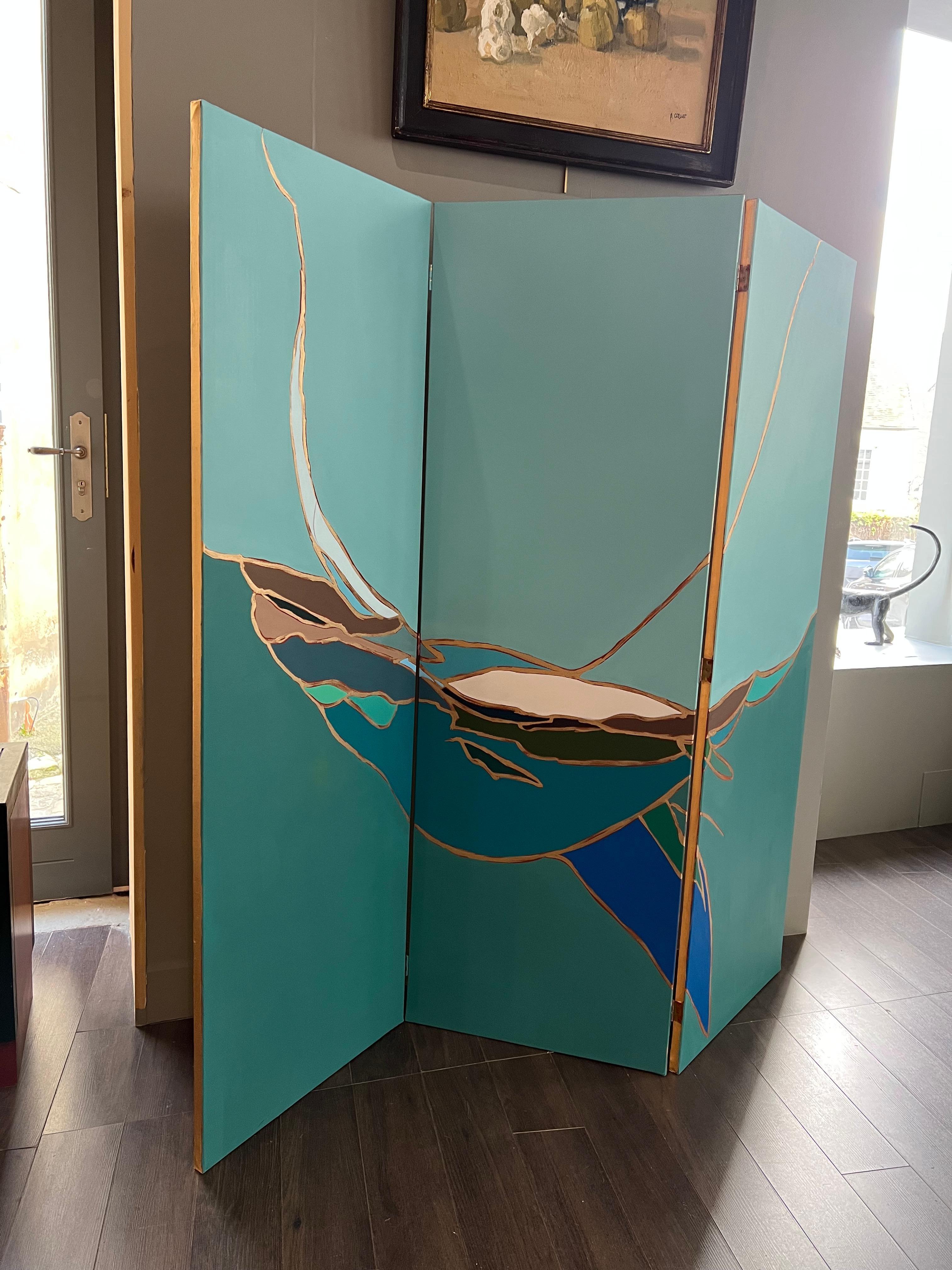 La balena, paravento contemporaneo a 3 ante, pittura a olio su tela di Ange Debroise 4