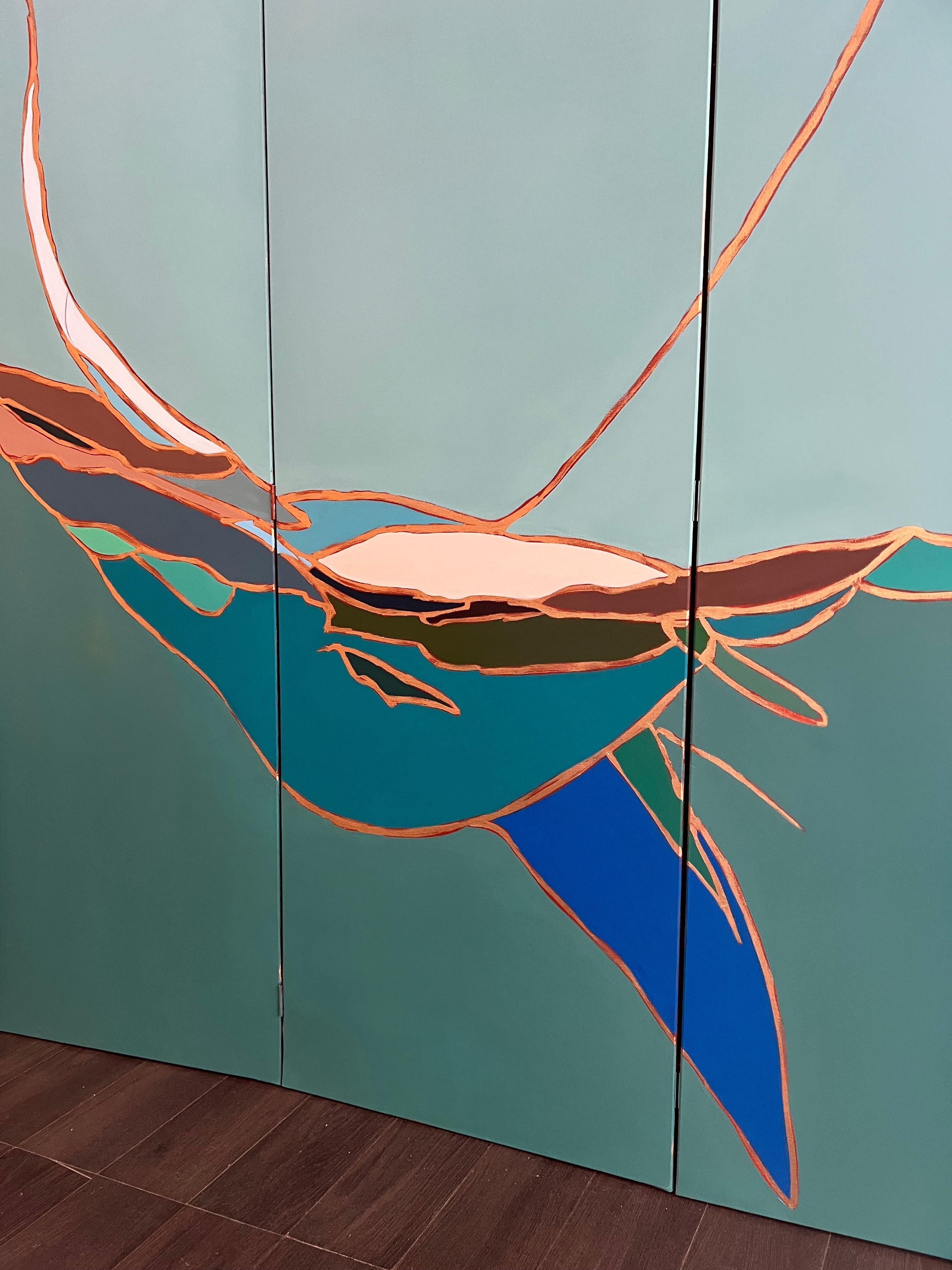 La balena, paravento contemporaneo a 3 ante, pittura a olio su tela di Ange Debroise 5