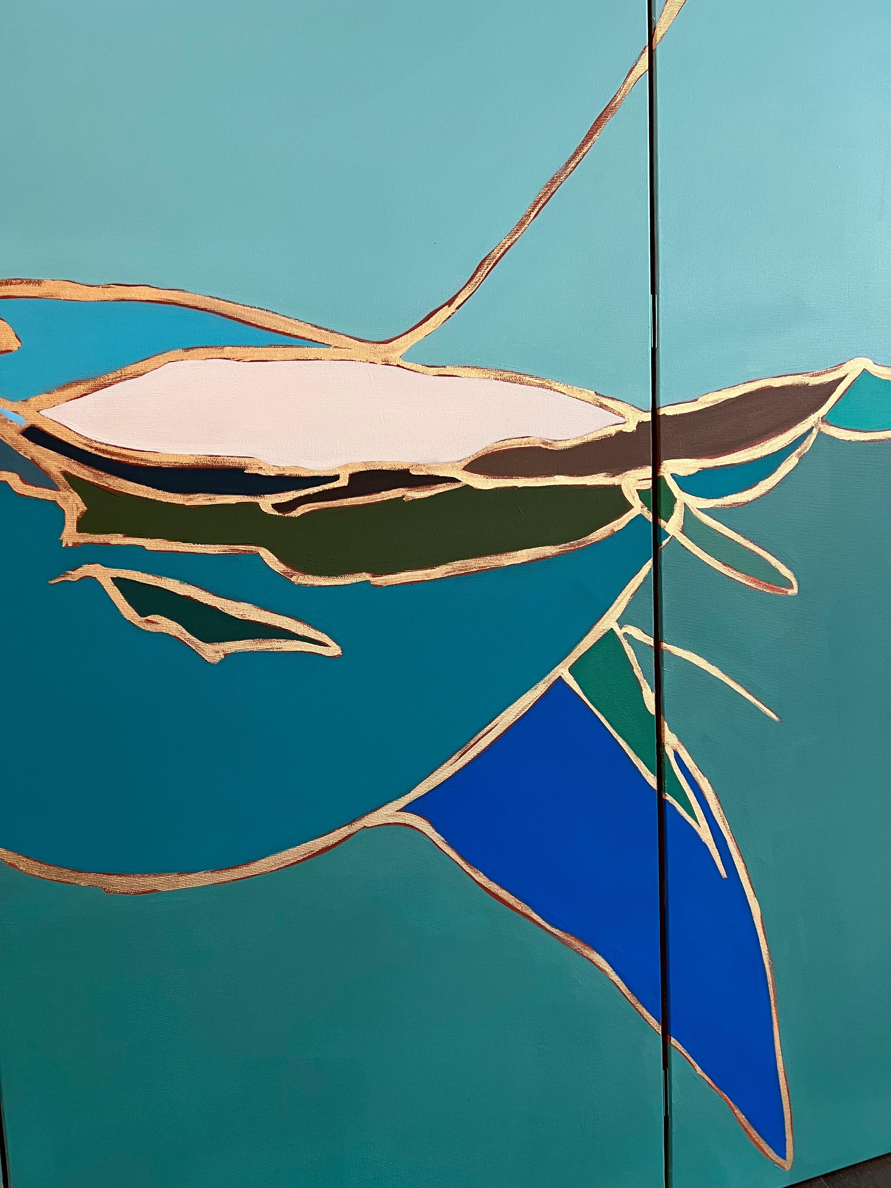 The Whale, contemporary 3 leaves screen, oil painting on canvas by Ange Debroise 5