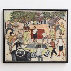 'Life in Town' Urban African Landscape Oil Painting by Ange Kumbi