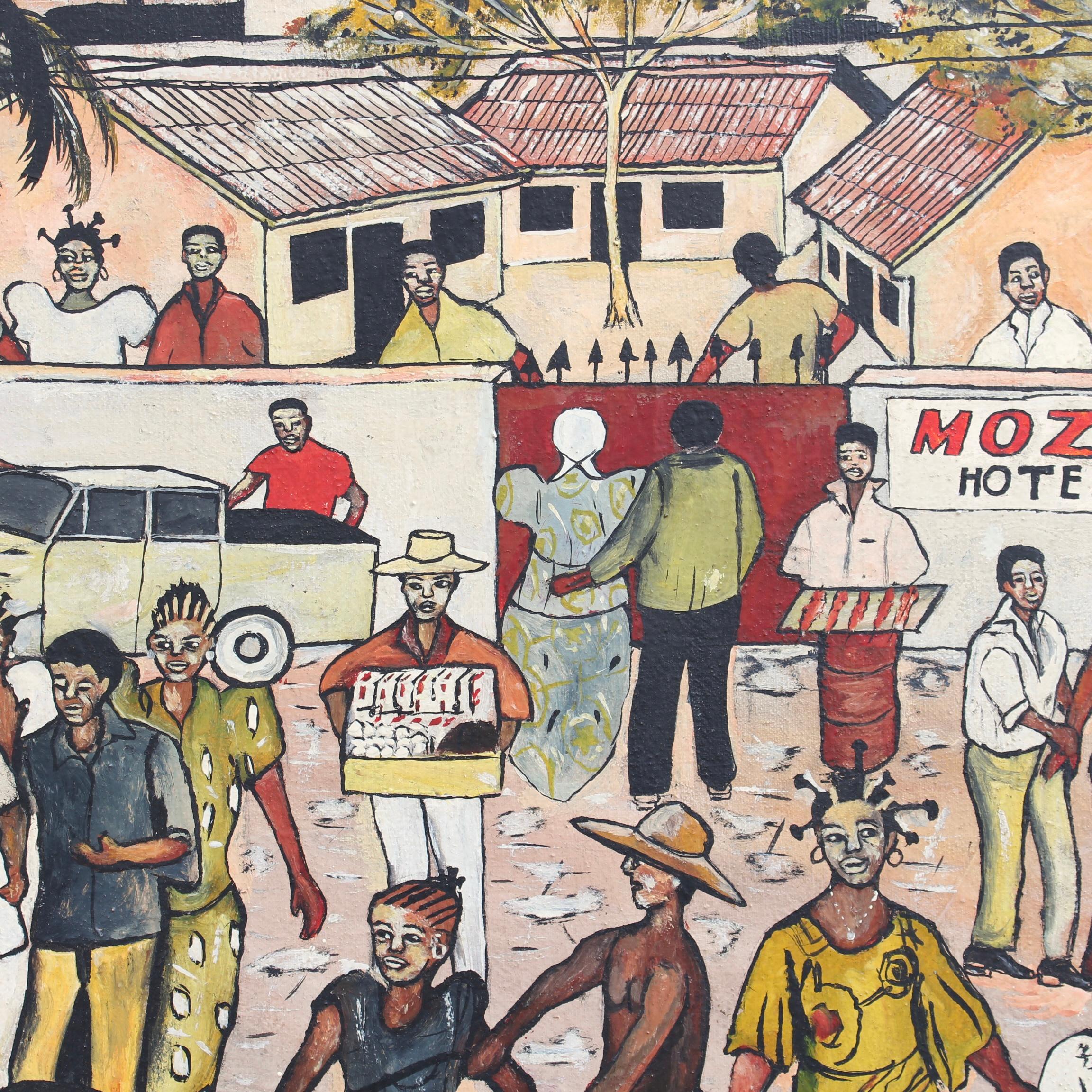 'The Moziki Hotel' Urban African Landscape Oil Painting by Ange Kumbi 10