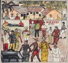 « The Moziki Hotel », peinture à l'huile d'un paysage urbain africain par Ange Kumbi