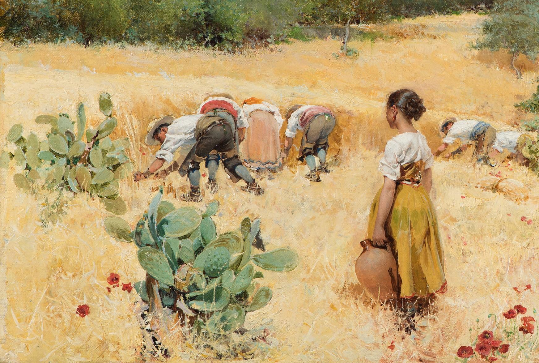 The harvest at the foot of the mountains, Framed, Oil on canvas - Painting by Angel Andrade