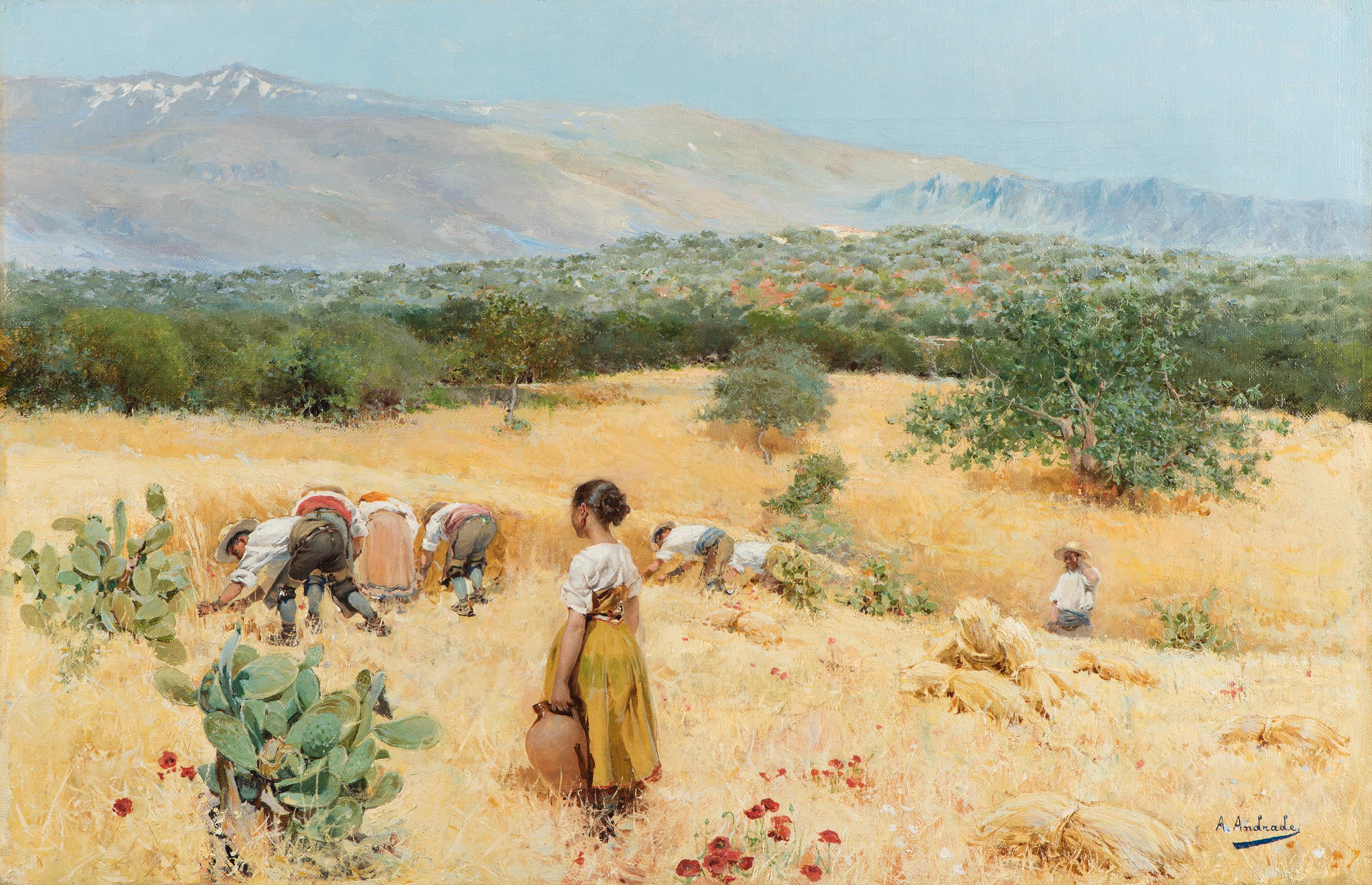 Angel Andrade Landscape Painting - The harvest at the foot of the mountains, Framed, Oil on canvas