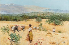 The harvest at the foot of the mountains, Framed, Oil on canvas