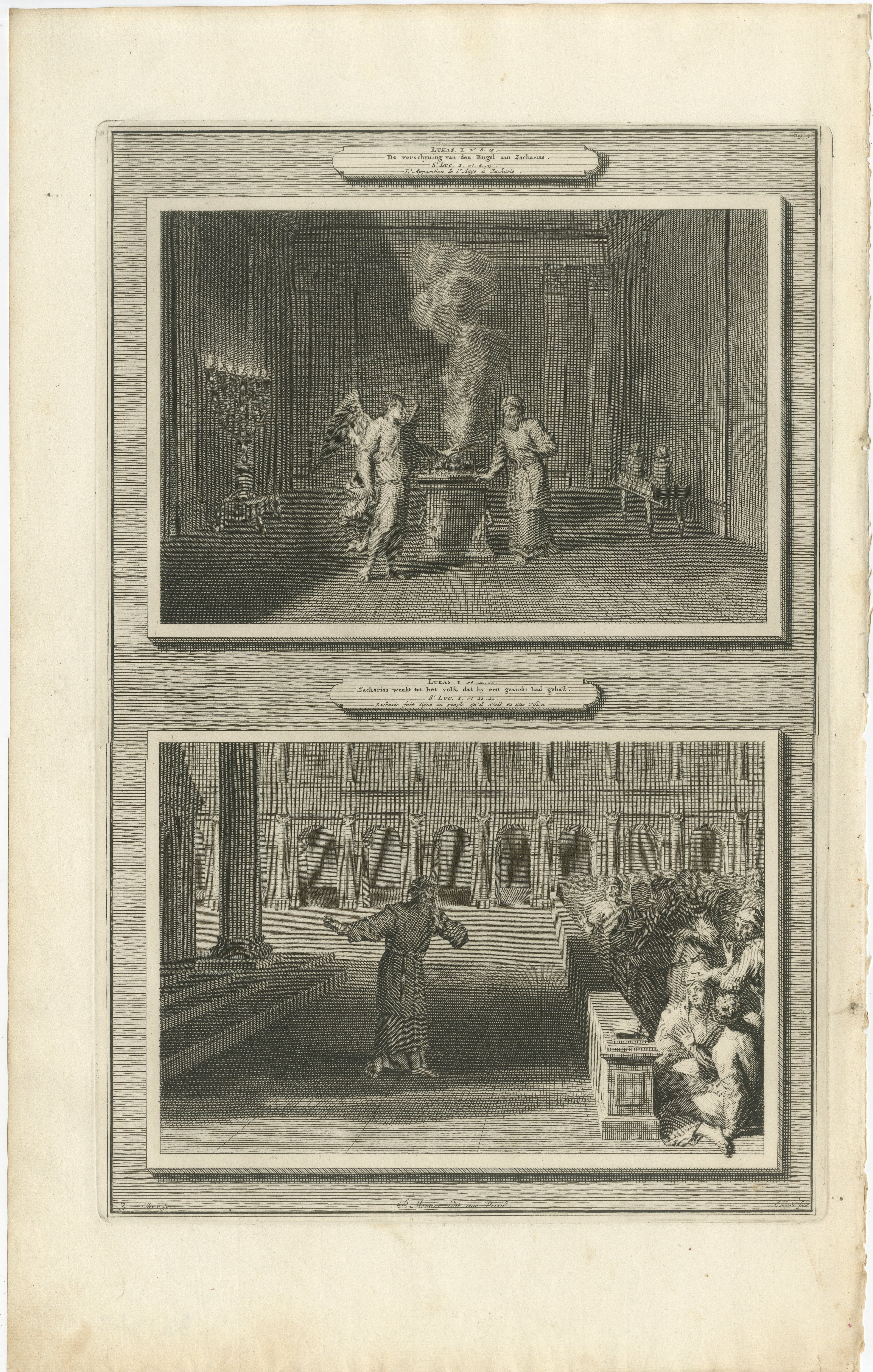 Angel Appears to Zechariah & Zechariah Struck Mute, Pieter Mortier, ca. 1700

Original antique engraving from *Histoire du Vieux et du Nouveau Testament*, published in Amsterdam by Pieter Mortier around 1700. The plate depicts two early episodes