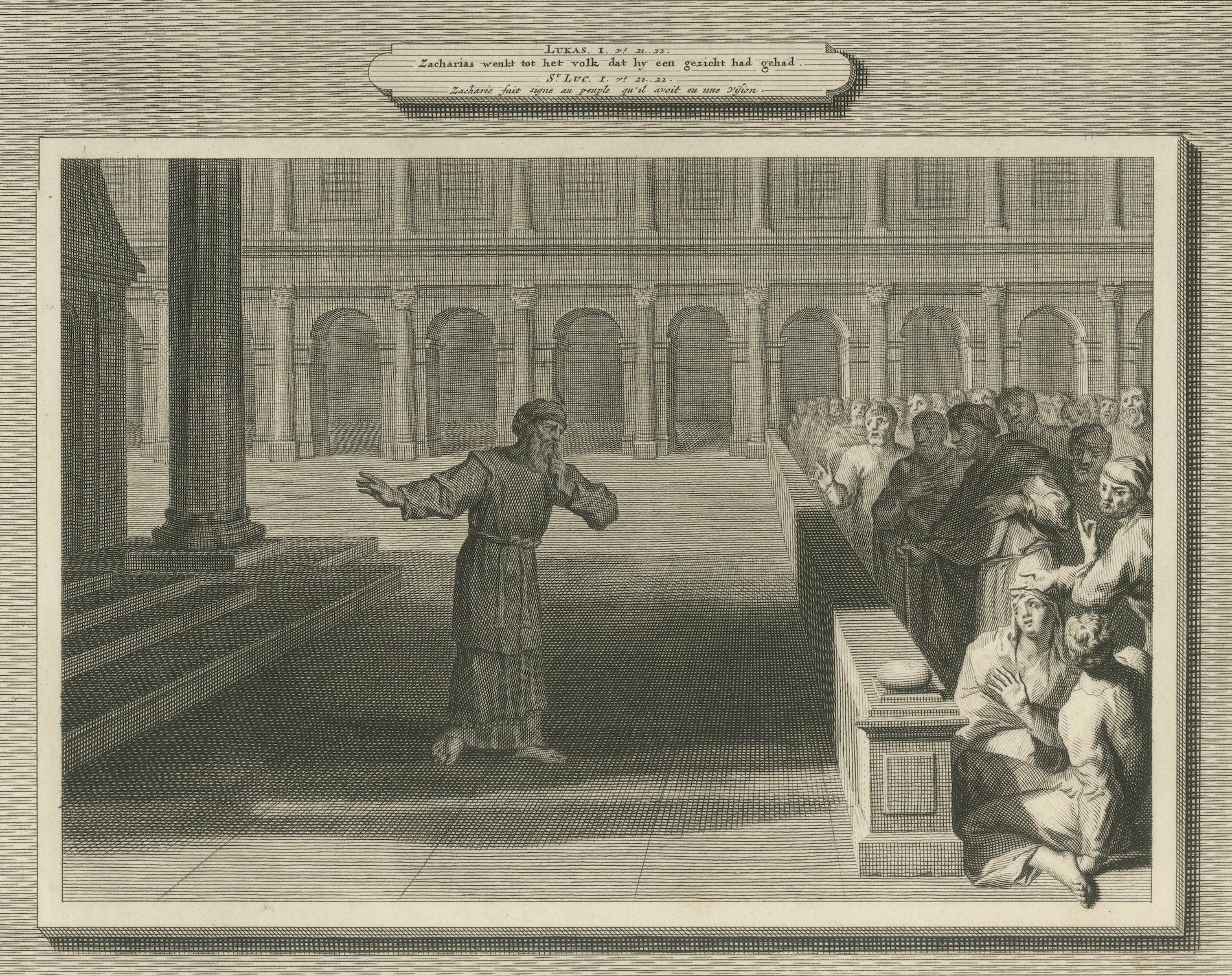Paper Angel Appears to Zechariah & Zechariah Struck Mute, Pieter Mortier, ca. 1700 For Sale