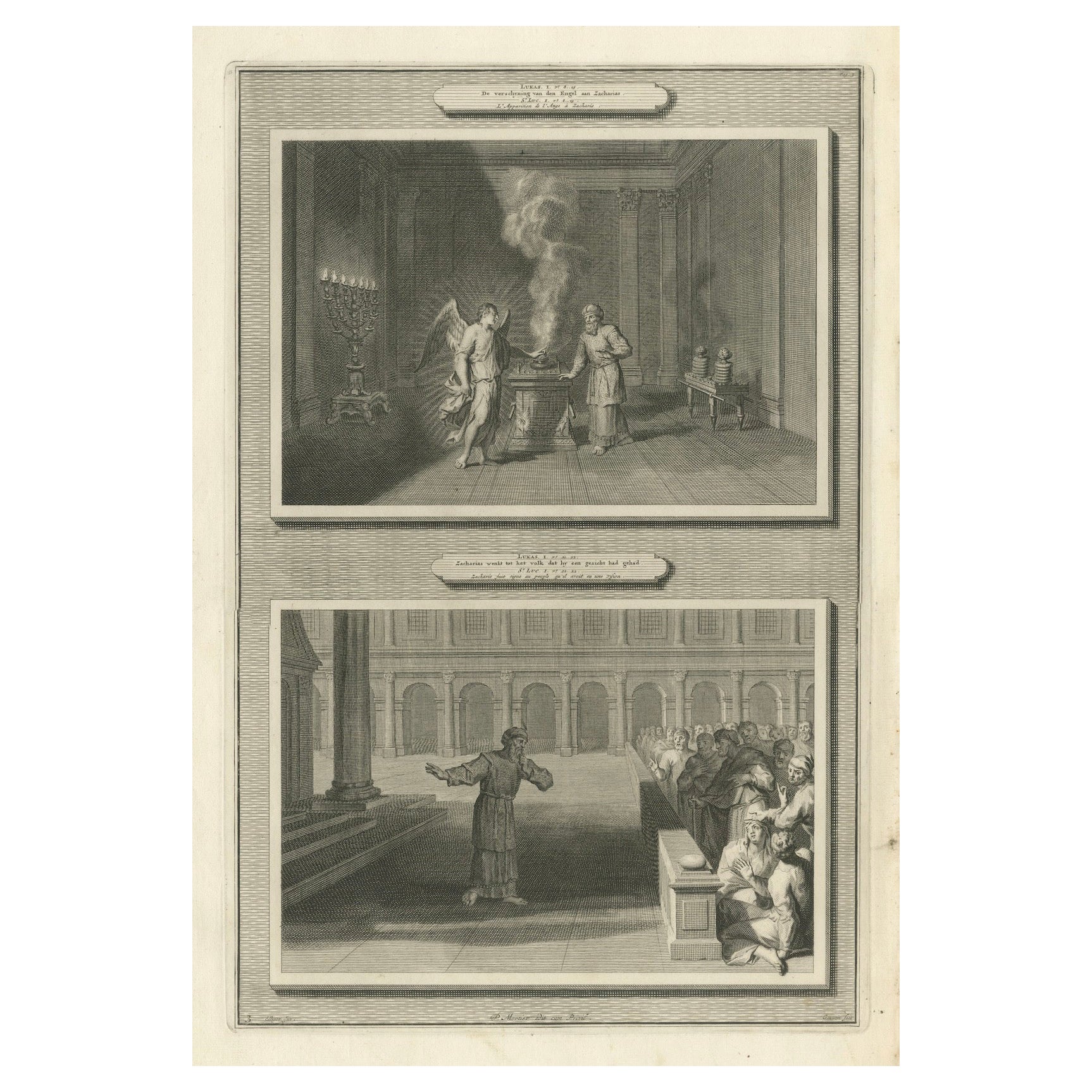 Angel Appears to Zechariah & Zechariah Struck Mute, Pieter Mortier, ca. 1700 For Sale