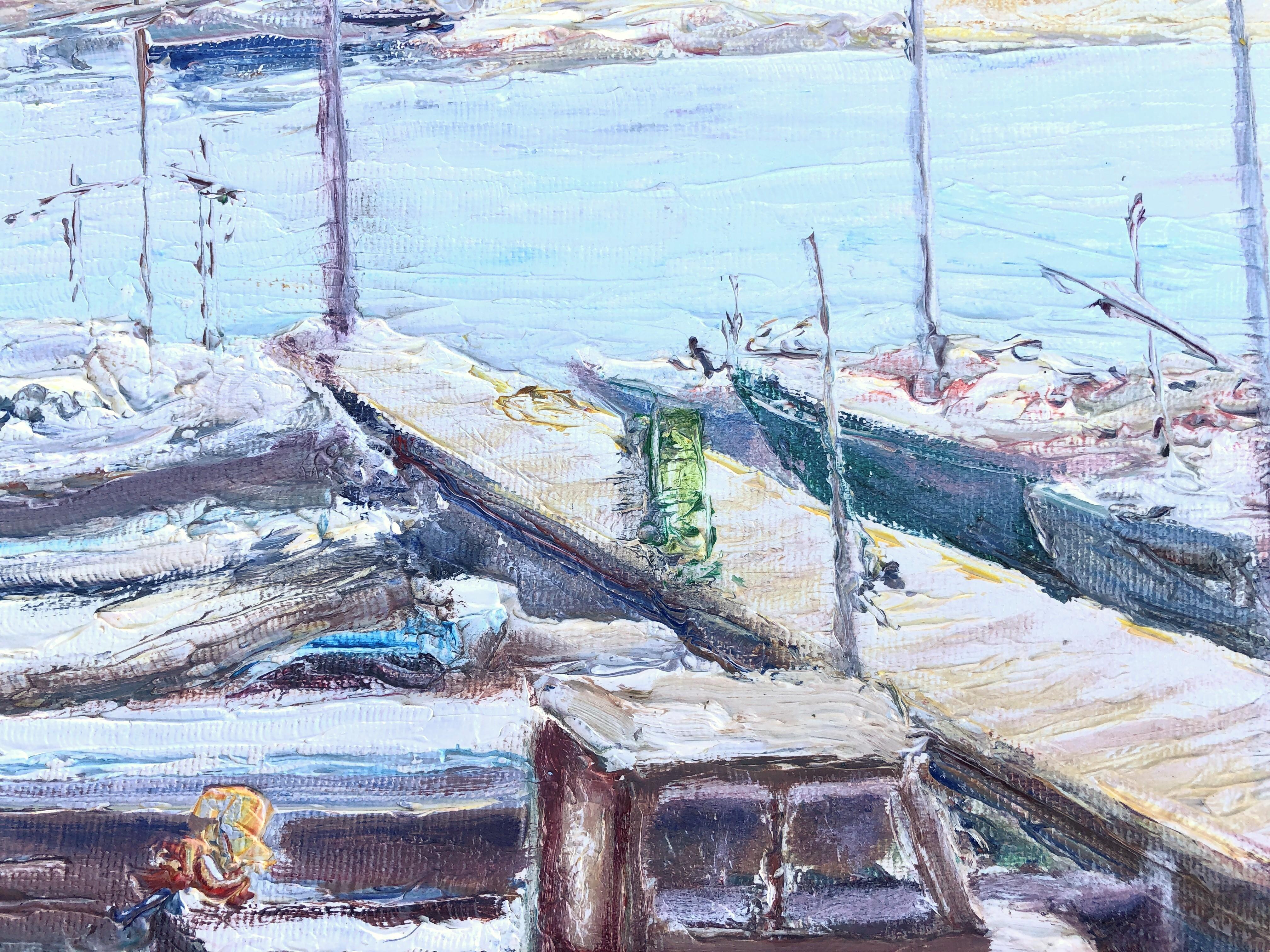 Port de plaisance, port de sport huile sur toile peinture paysage marin espagnol - Gris Landscape Painting par Angel Bertran Montserrat