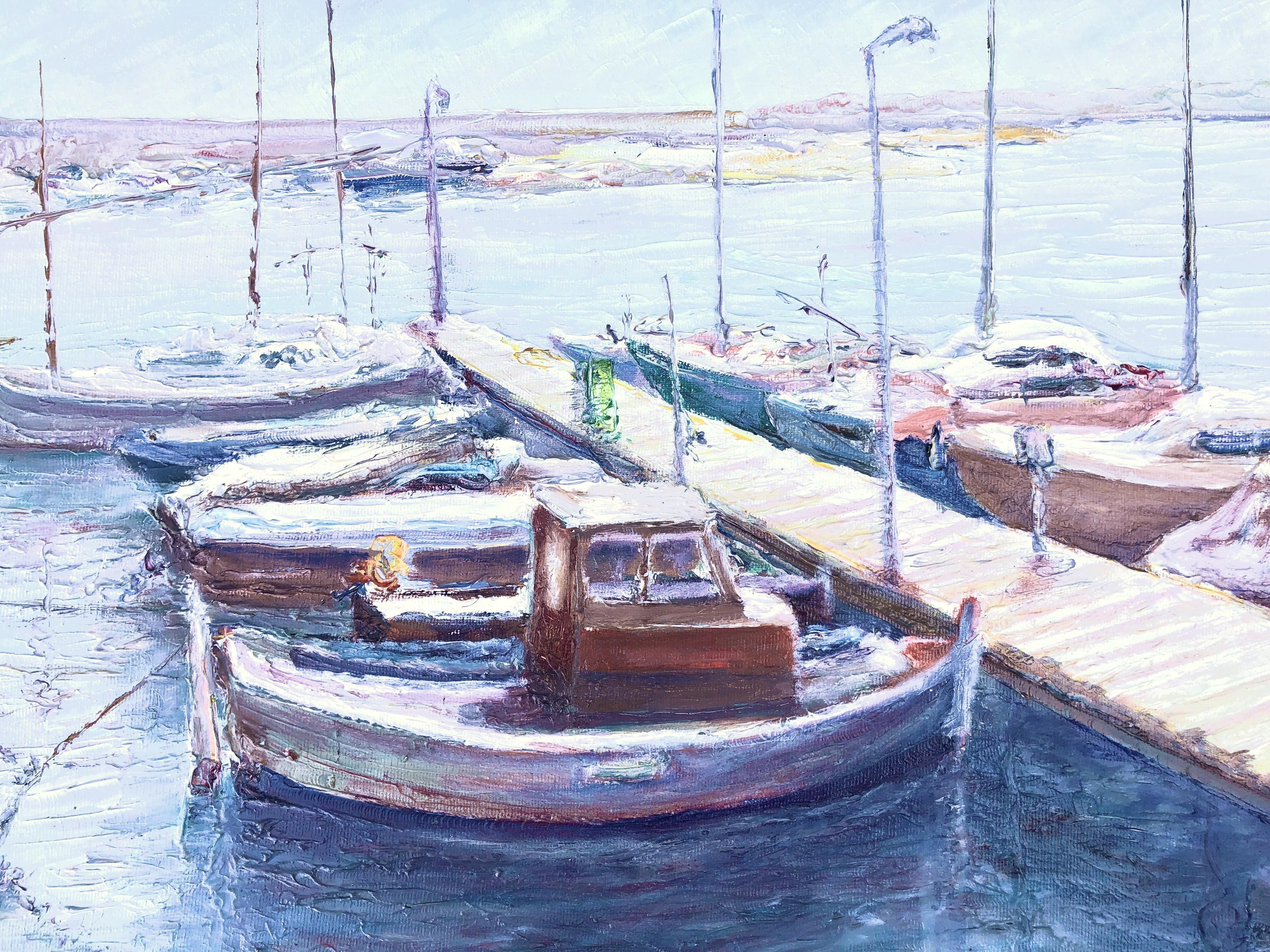 Leisure port, sports port oil on canvas painting spanish seascape - Gray Landscape Painting by Angel Bertran Montserrat