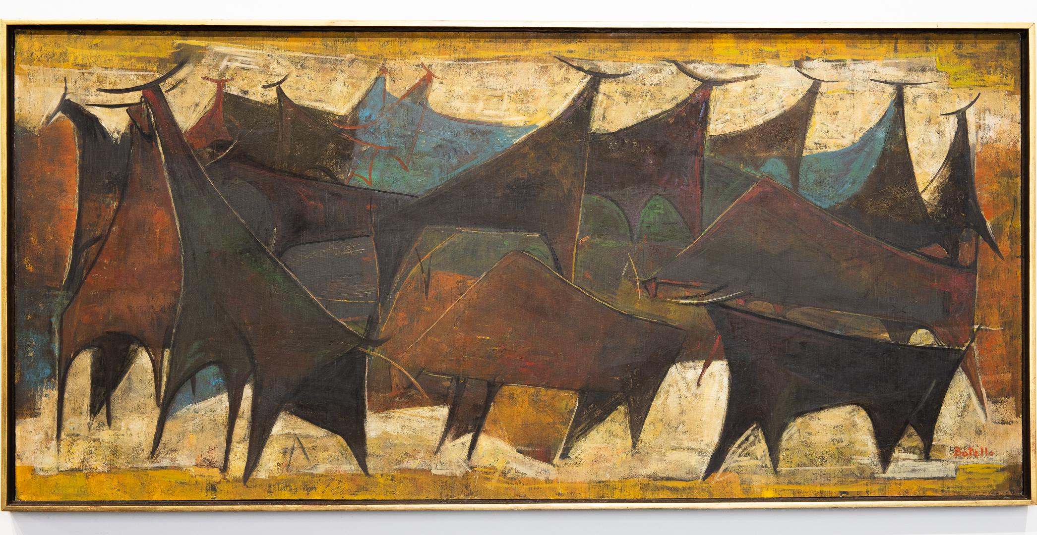 Angel Botello Abstract Painting - "Toros Bulls" Abstracted Figurative Bulls, Oil on Wood Panel, Signed
