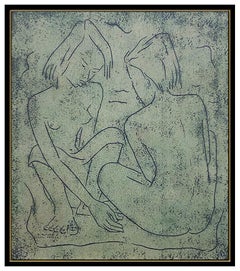 Angel Botello Color Linocut Etching Hand Signed Cubism Nude Female Framed Art