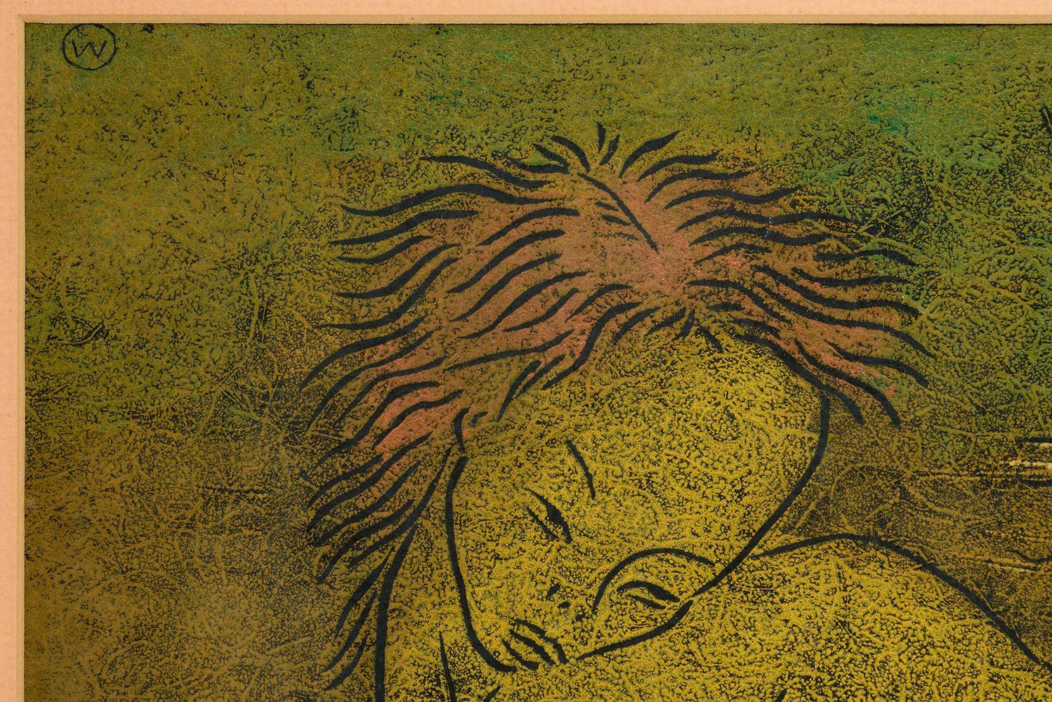 Angel Botello « Deux figures » couleur linogravure C-1950 1