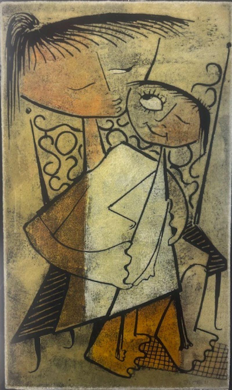 Child with Doll, Original Cubist Linocut - Print by Angel Botello