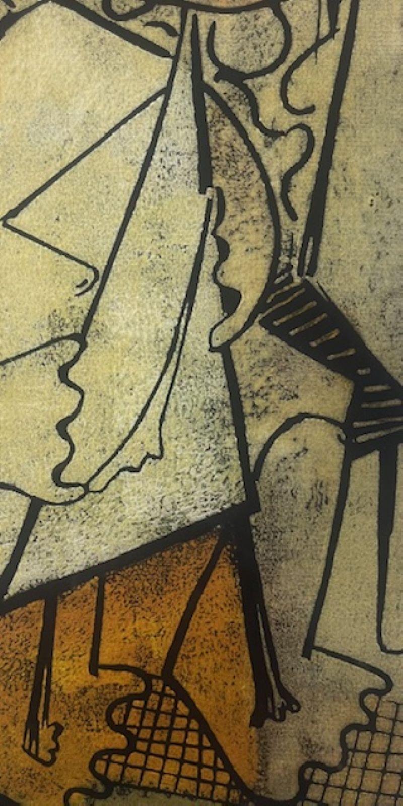 Child with Doll, Original Cubist Linocut - Beige Figurative Print by Angel Botello