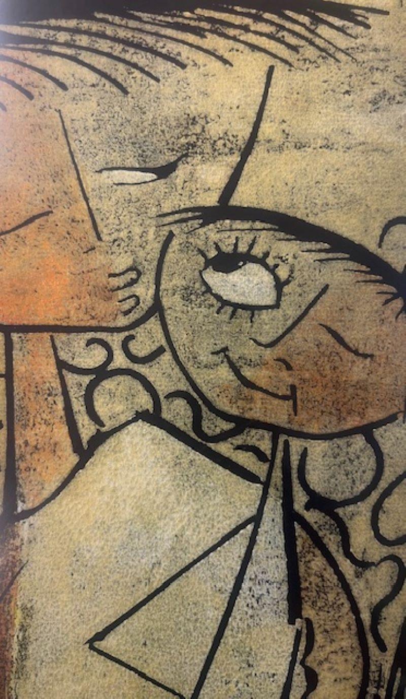 Angel Botello’s signature flat headed, Cubist portraits are instantly recognizable. In this case, a young girl sits in her chair hugging her one eyed or winking doll.  The girl’s hands and feet have four fingers and toes respectively, whilst her