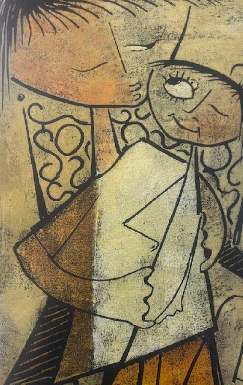 Child with Doll, Original Cubist Linocut For Sale 1