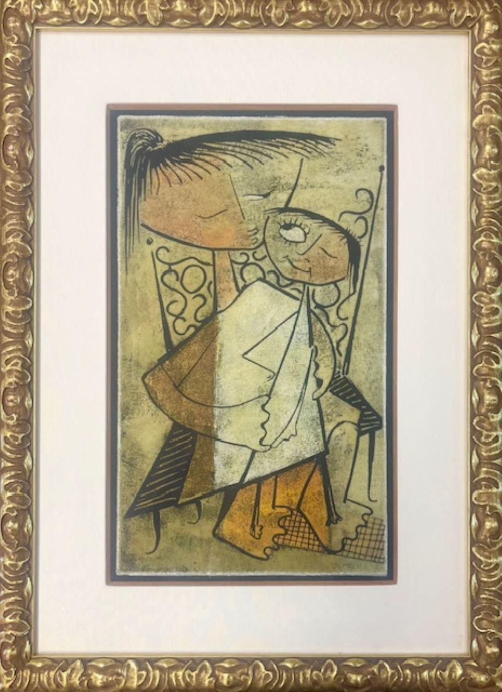Niño con muñeca, linograbado cubista original