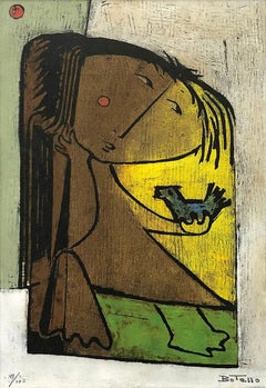 Nina Con Pajaro (linoleografia firmata a mano)