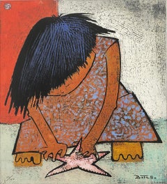 Nina Jugando Con Estrella De Marli (linoleografia firmata a mano)