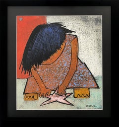 Nina Jugando Con Estrella De Mar (hand signed linocut)