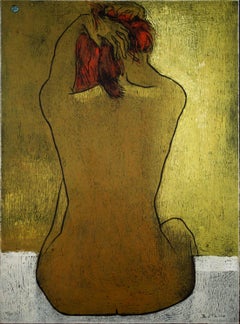 Angel Botello sitzender Akt, signiert, Linolschnitt, moderner Jugendstil 31/50, gerahmt