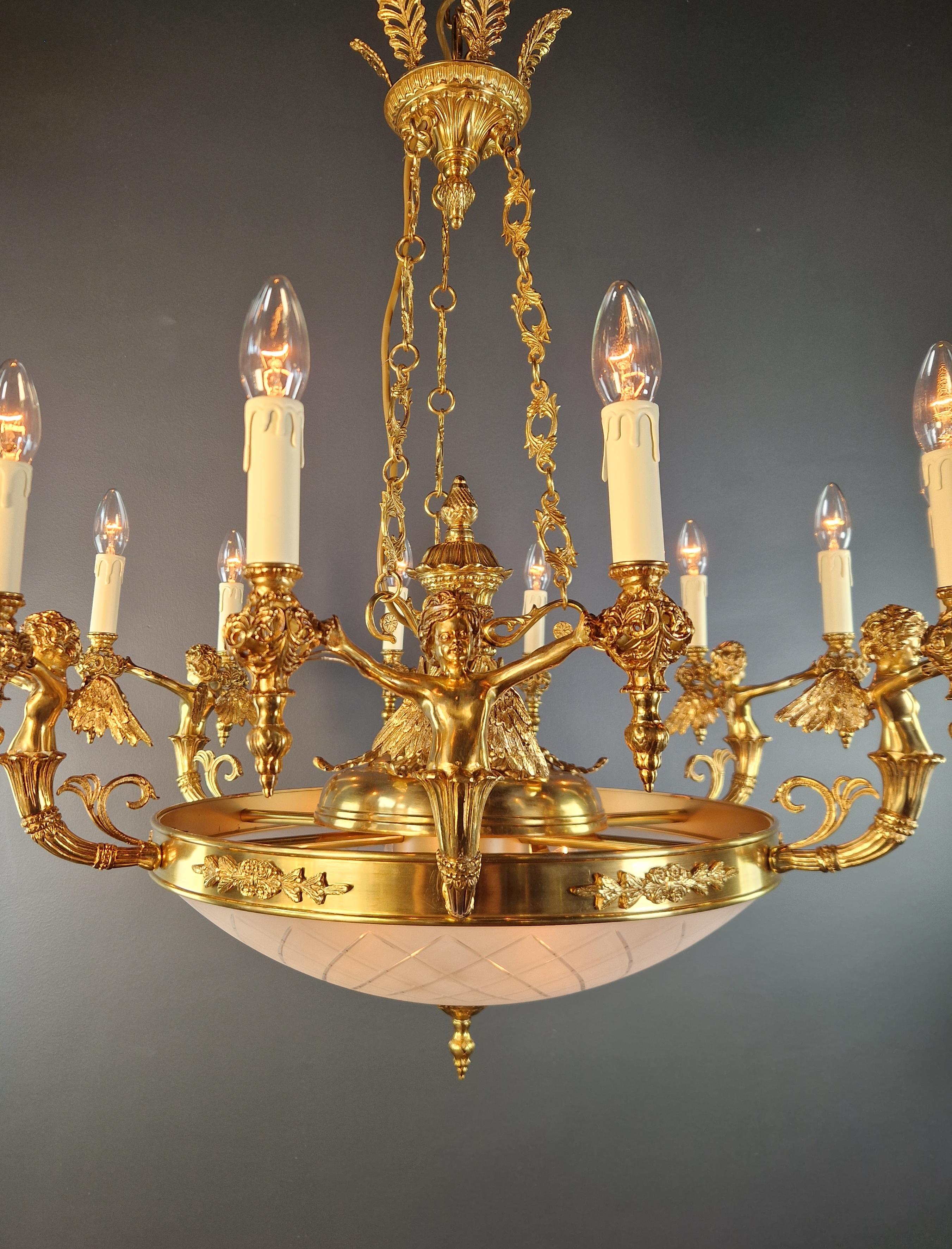 German Angel Brass Empire Chandelier Lustre Lamp Antique Gold For Sale
