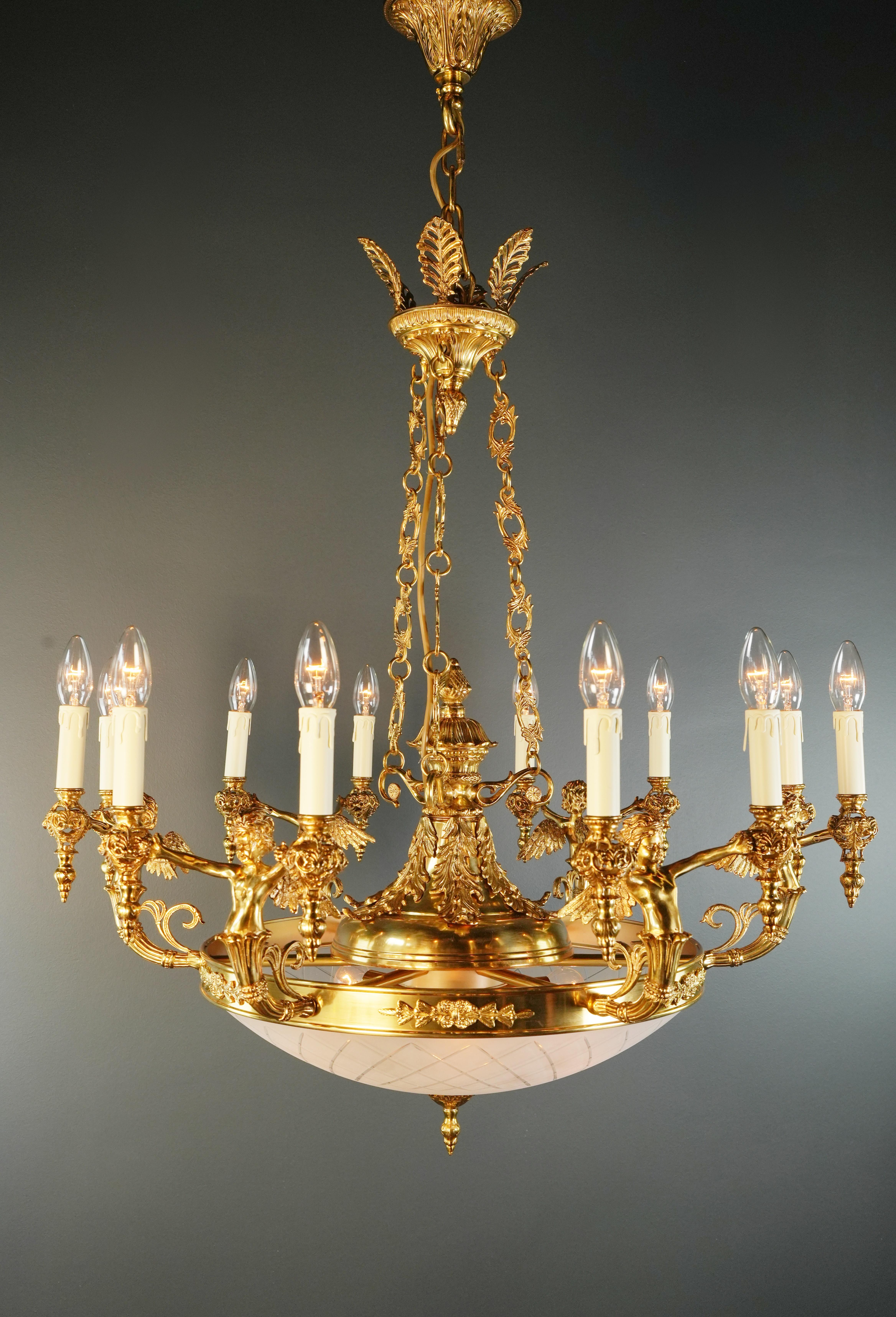Contemporary Angel Brass Empire Chandelier Lustre Lamp Antique Gold For Sale