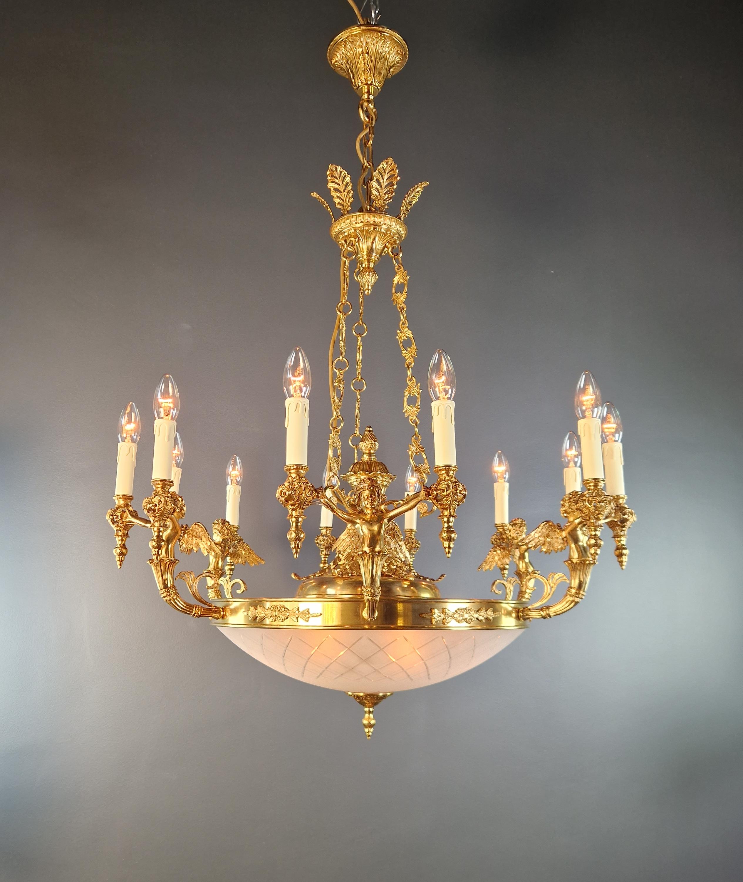 Glass Angel Brass Empire Chandelier Lustre Lamp Antique Gold For Sale