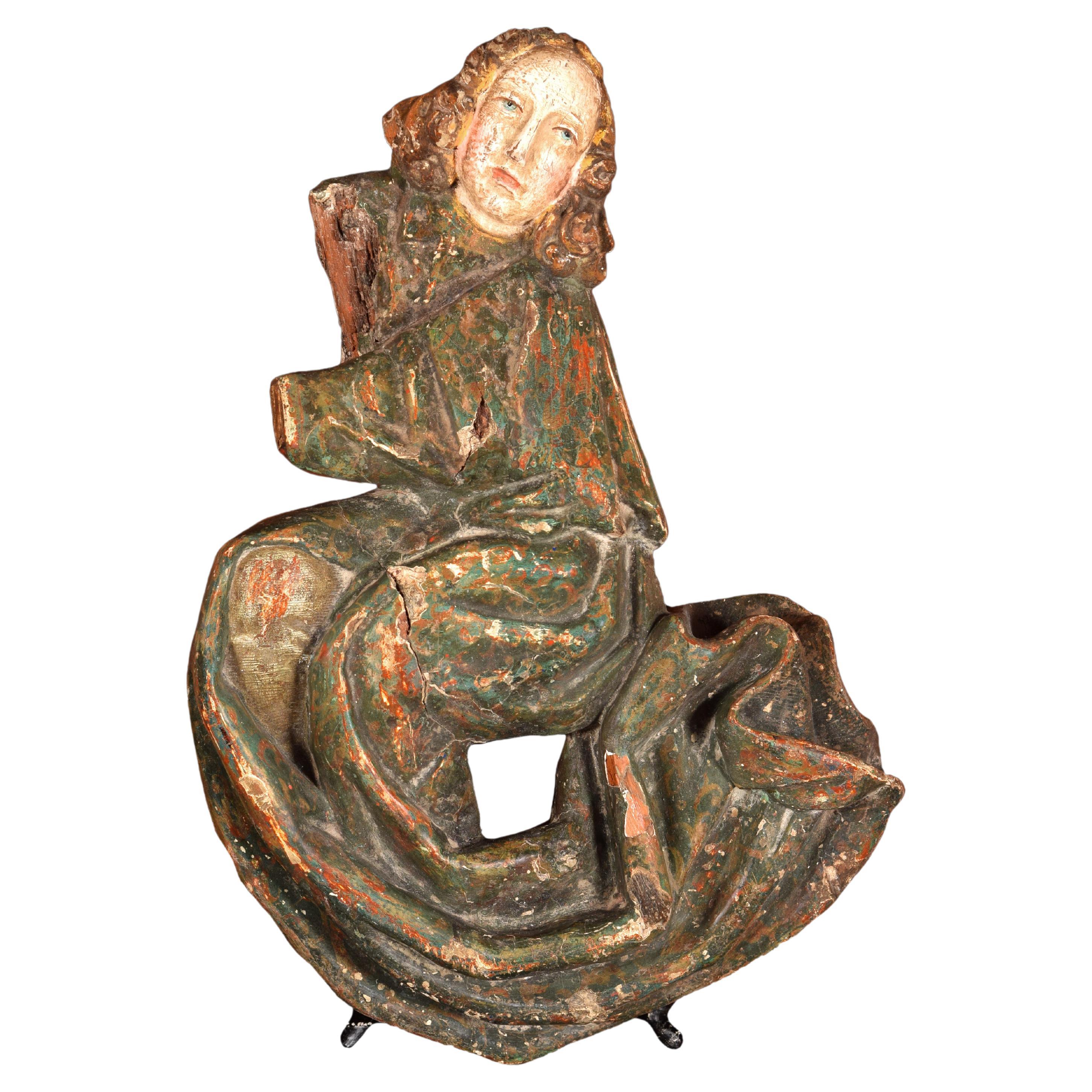 Angel, Carved and Polychrome Wood, 16th Century For Sale