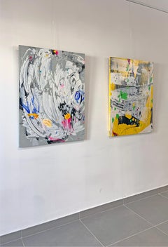 Abstract Diptych Mixed Media Paintings Gray and Yellow Companion Panels