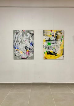 Abstract Diptych Mixed Media Paintings Gray and Yellow Companion Panels
