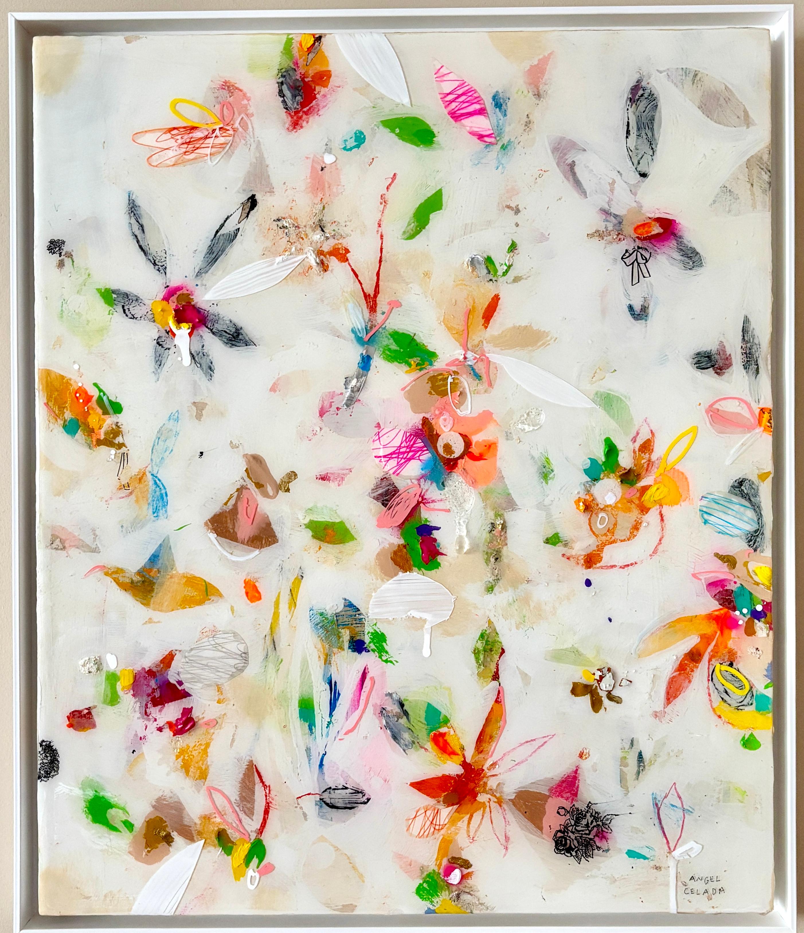 Abstract Floral Mixed Media Painting Glossy Resin Surface Color Composition