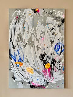Peinture abstraite en techniques mixtes Champ gris Composition gestuelle Panneau contemporain