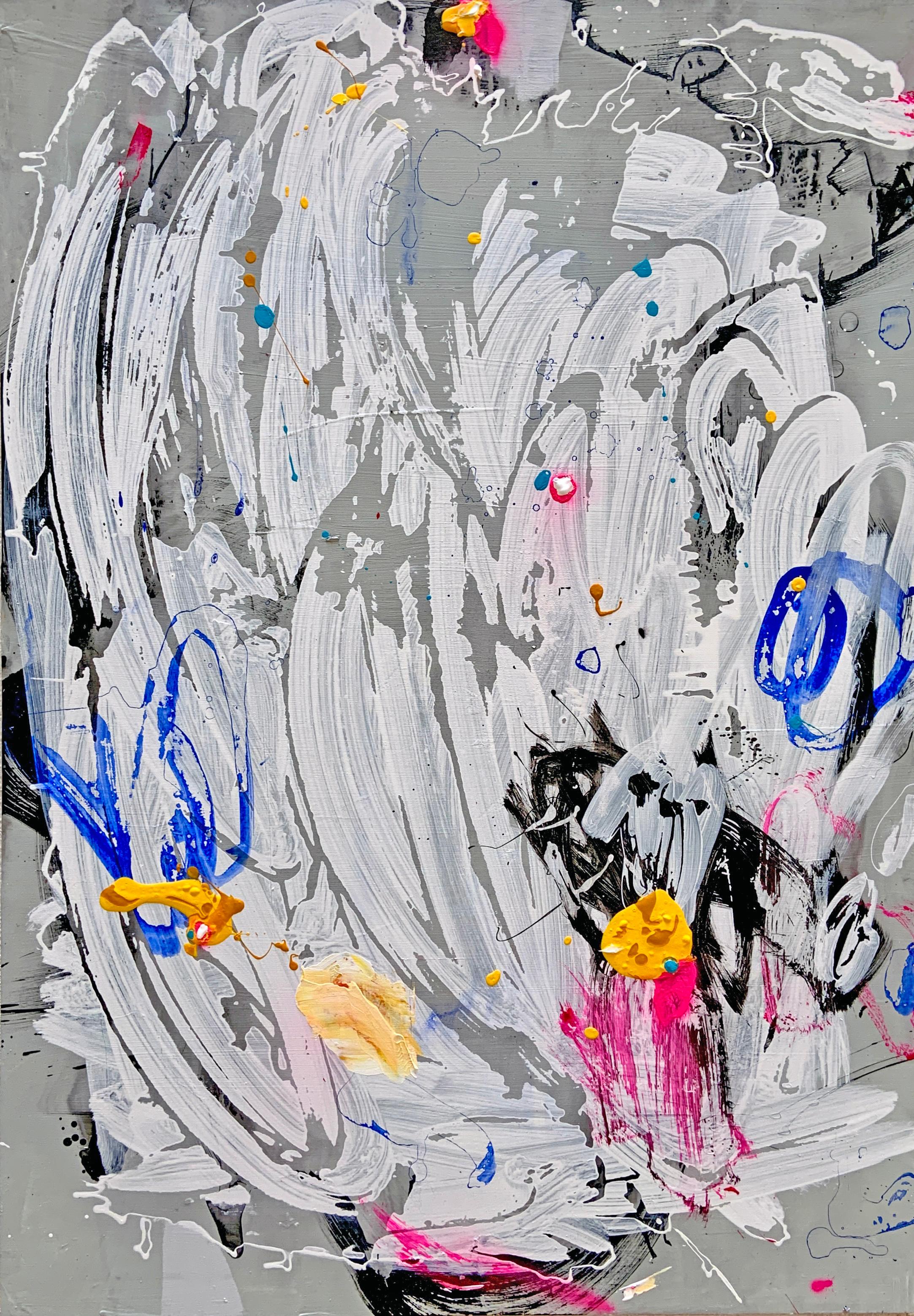 Abstract Mixed Media Painting Gray Field Gestural Composition on Panel