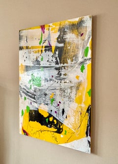 Abstract Mixed Media Painting Yellow Field Black Gesture Collage Composition